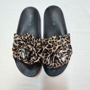 Refresh Womens Leopard Print Rose Slide Sandals Black Tan Animal Print Size 9